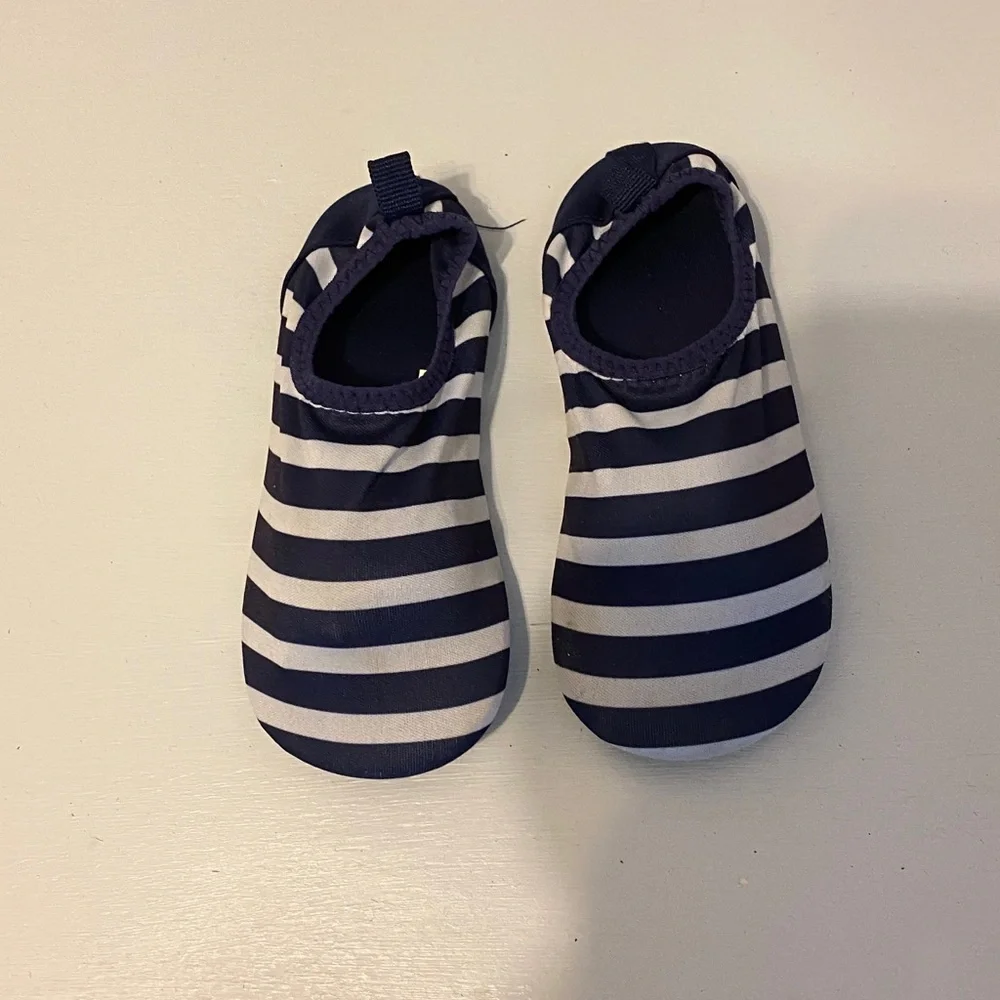Blue and white stripe slippers, size 9 or 10